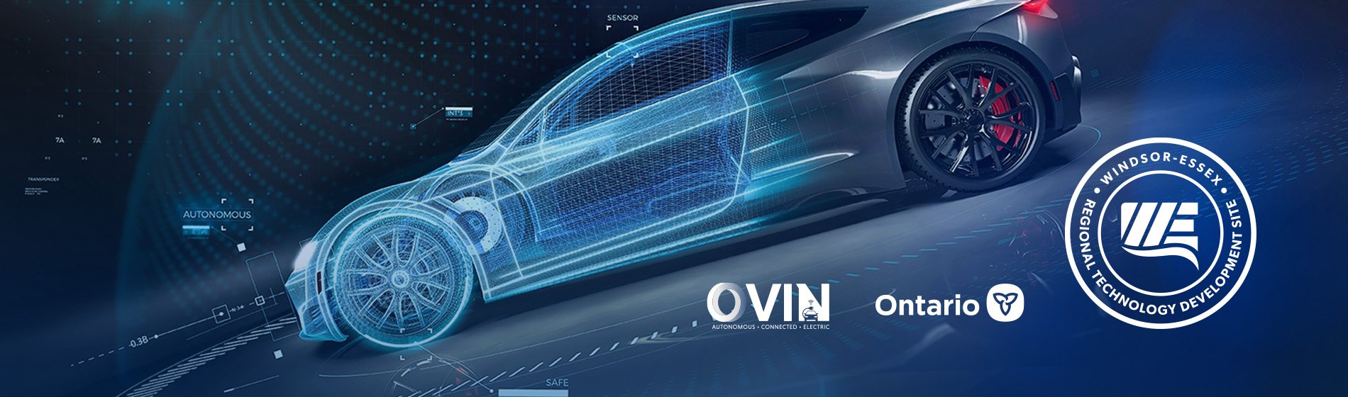 CAD drawing of a car with Ontario Vehicle Innovation Network (OVIN) , Ontario, and Windsor-Essex Regional Technology Development logos