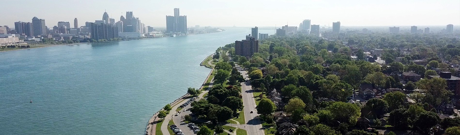 Aerial view of Windsor with Detroit River and city skyline
